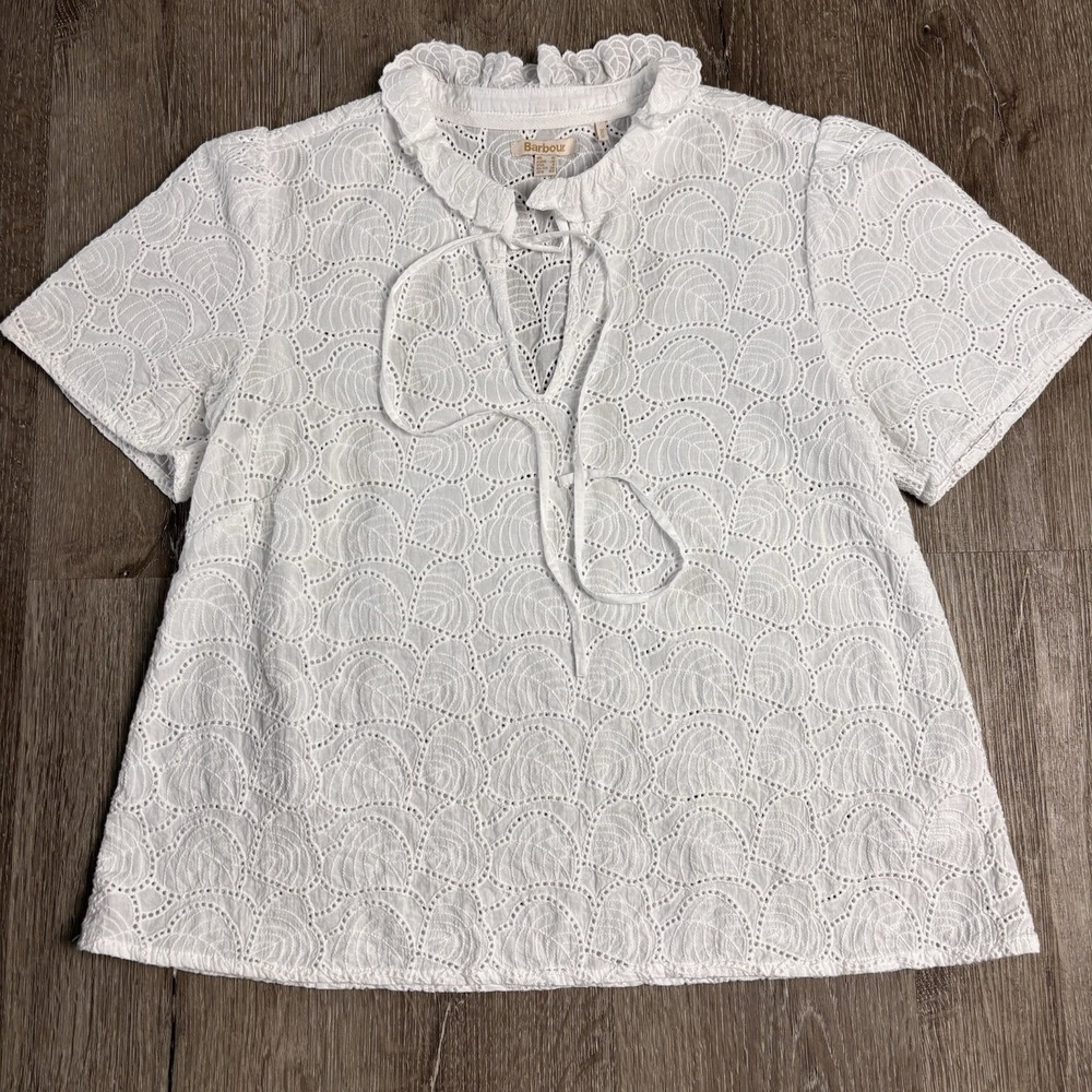 Barbour Palmetto Broderie Anglaise Sz 6 White Eyelet Ruffle Tie Neck Top Cotton
